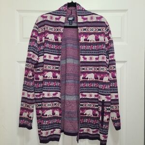 Lands End Cardigan Womens Grape Multi‎ Fair Isle Animal Print Open Front XL